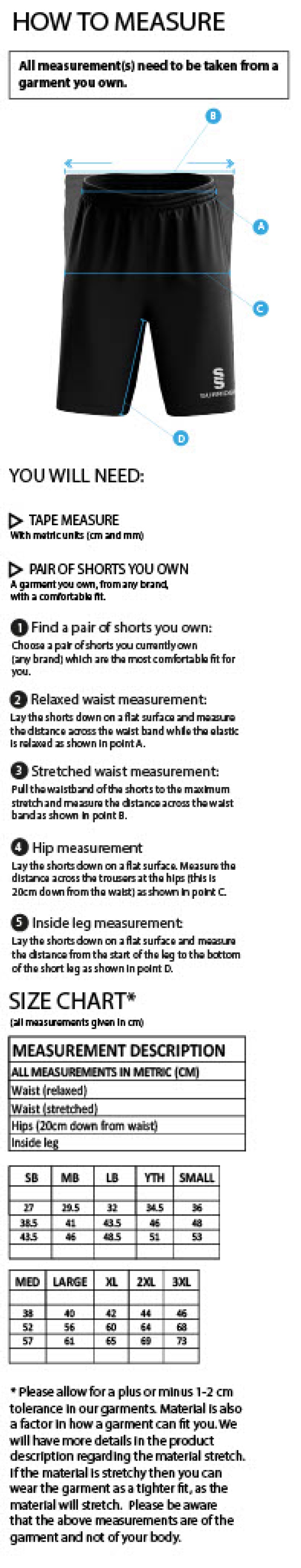 Dicker CC Training Shorts - Size Guide