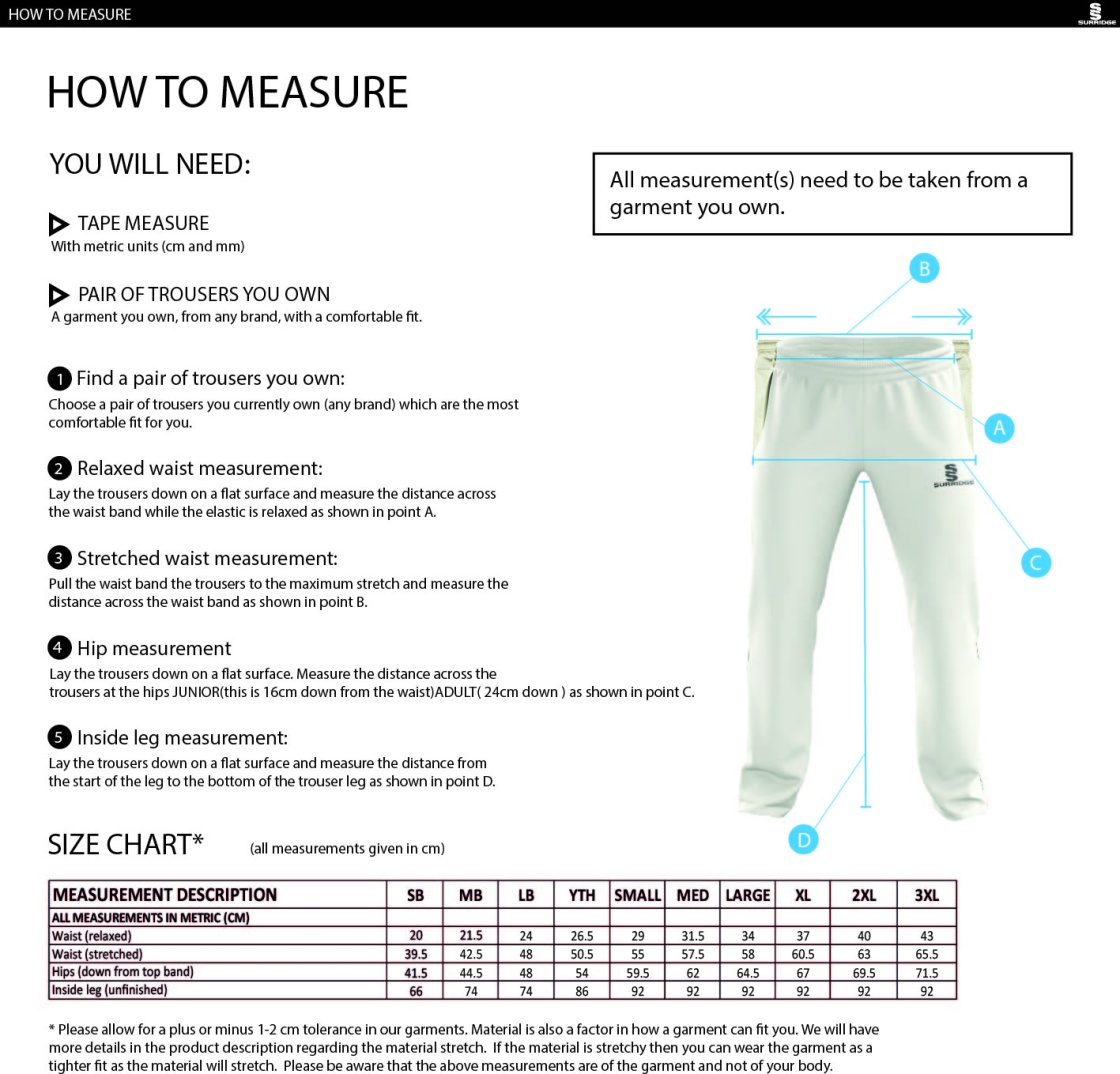 Dicker CC Standard Playing Pant - Size Guide