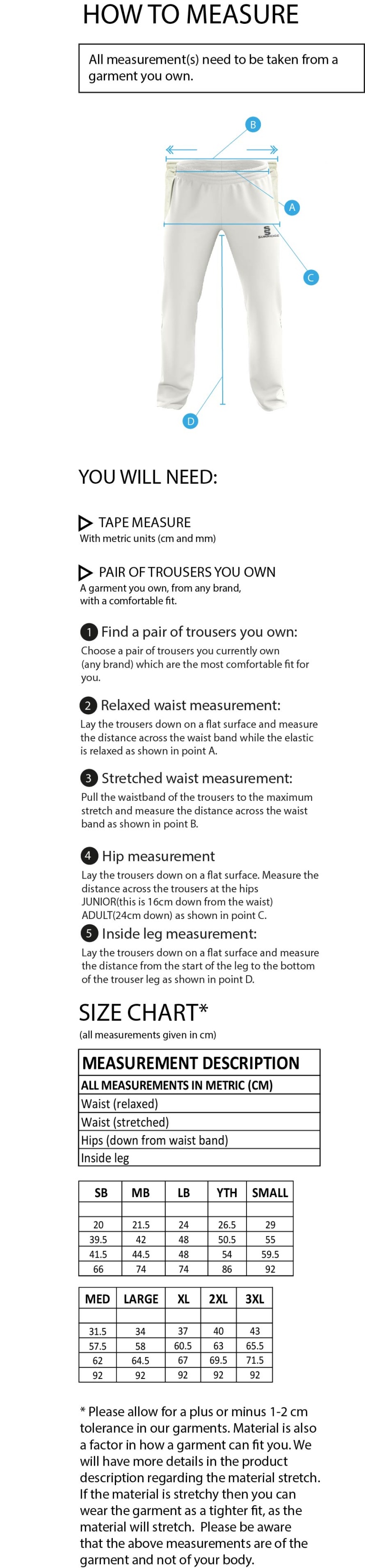 Dicker CC Standard Playing Pant - Size Guide