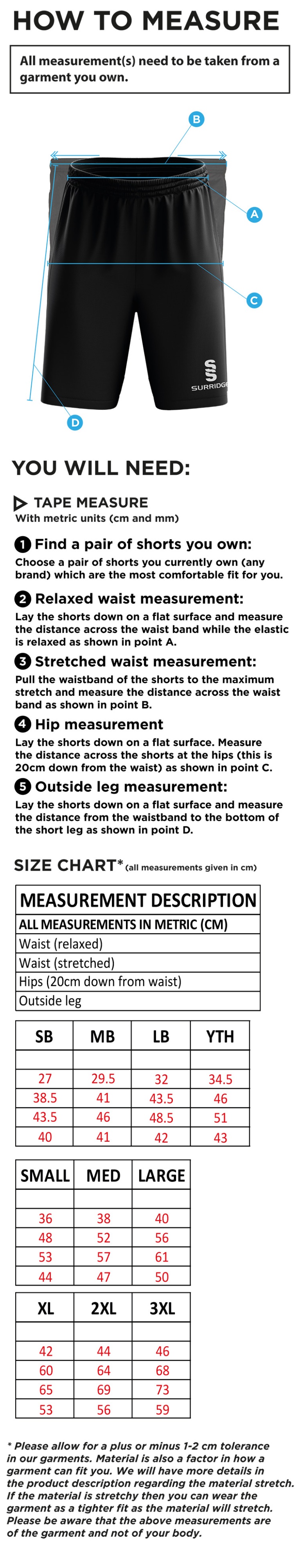 Dicker CC Training Shorts - Size Guide