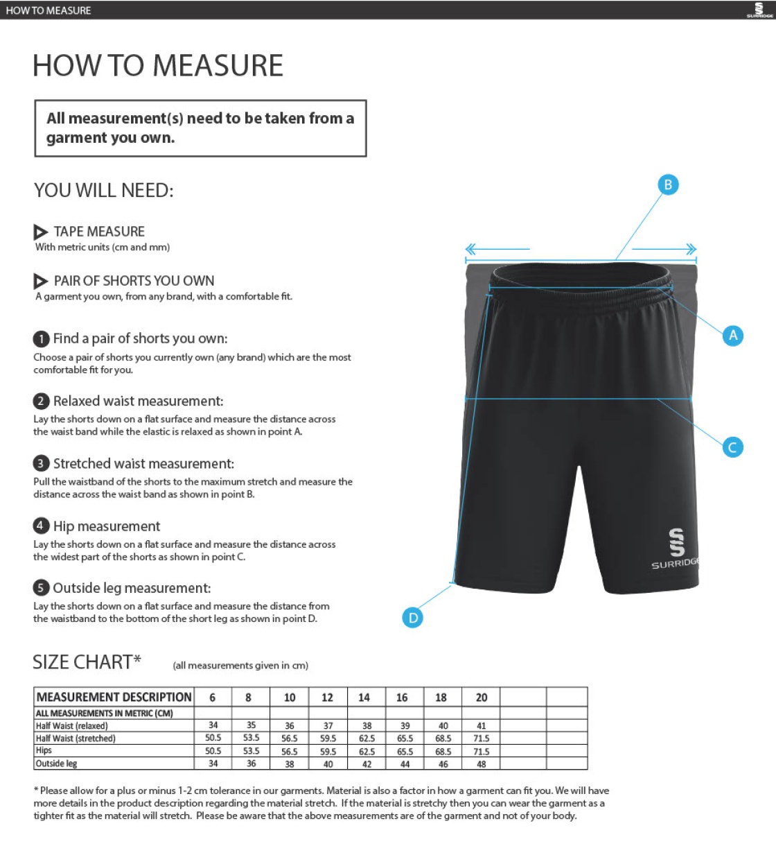 Dicker CC Training Shorts - Size Guide