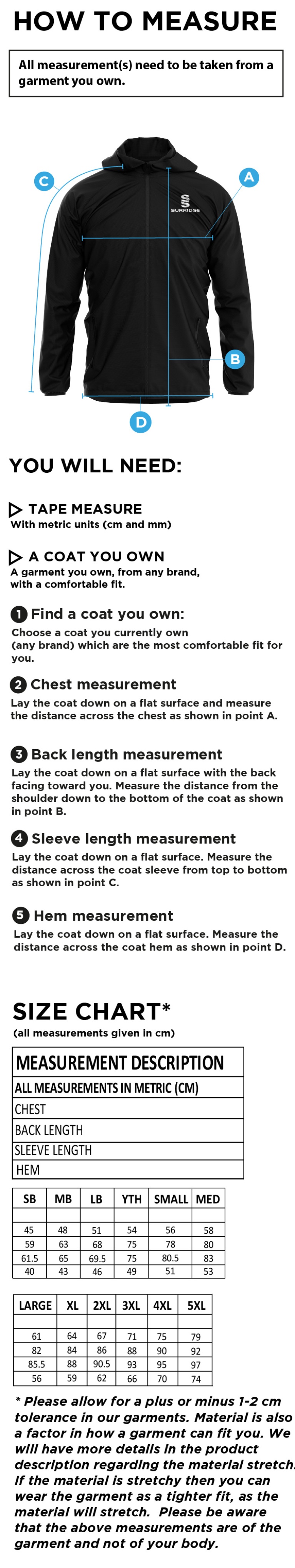 Dicker CC Training Jacket Navy - Size Guide