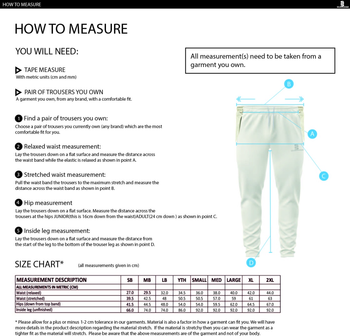 Dicker CC Tek Playing Pant - Size Guide