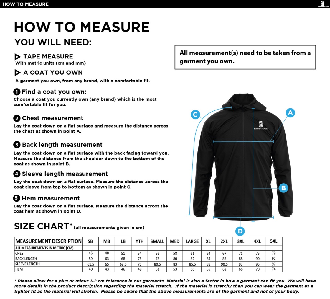 Dicker CC Training Jacket Navy - Size Guide