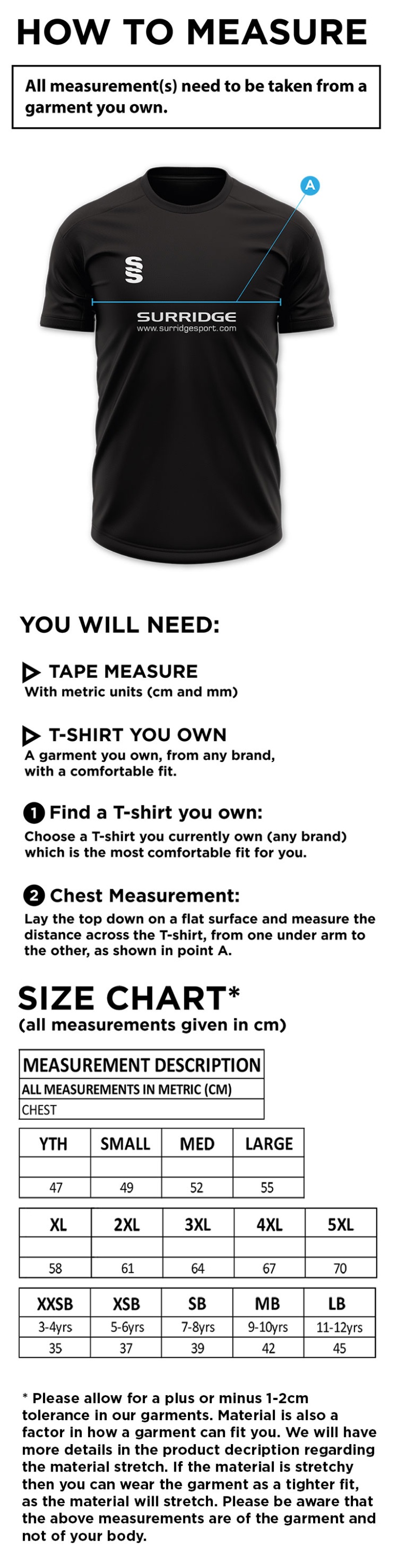 Dicker CC Dual Training Shirt - Size Guide