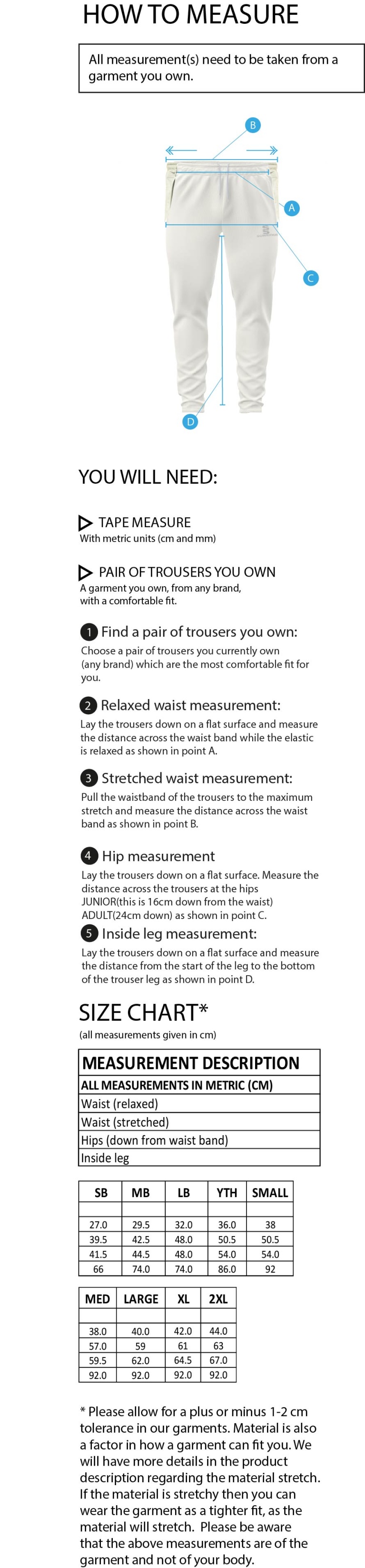 Dicker CC Tek Playing Pant - Size Guide