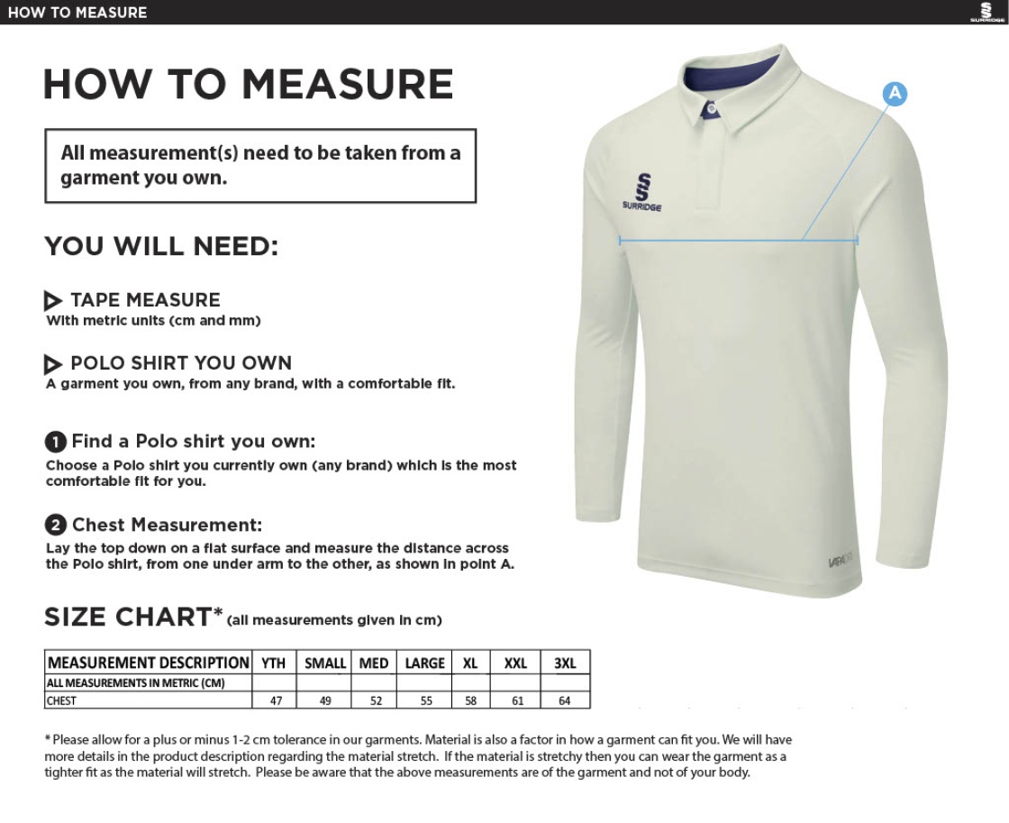 Dicker CC Ergo Long Sleeve Navy Trim Shirt - Size Guide