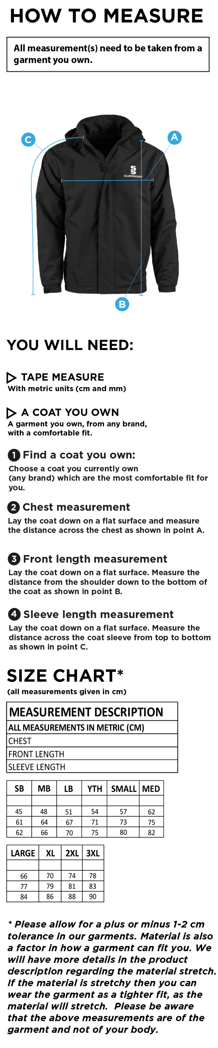 Dicker CC Fleeced Line Jacket - Size Guide