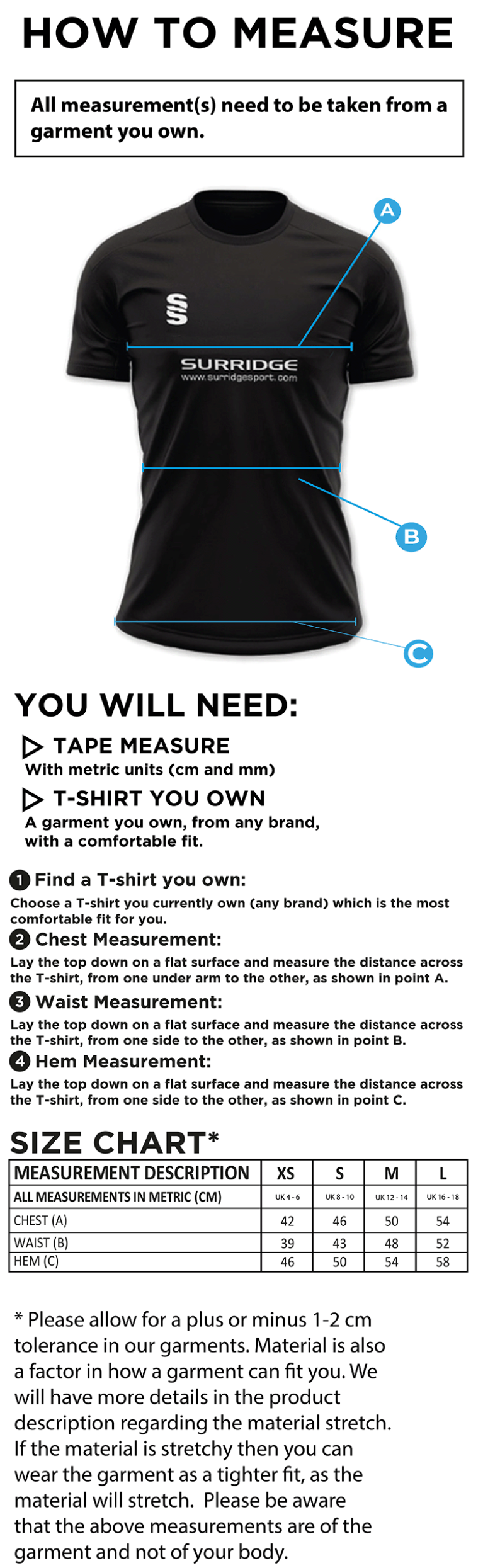 Dicker CC Dual Polo Shirt - Size Guide